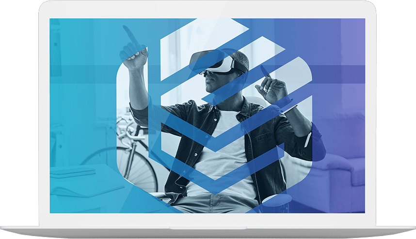 Man wearing VR glasses while the whole image is covered with Engitech logo.