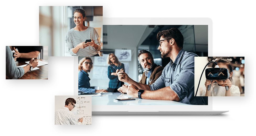Five pictures: one of a woman smiling and holding the phone, kid wearing VR goggles, hand of a man signing the papers, man writing on the white board and men talking in the office.
