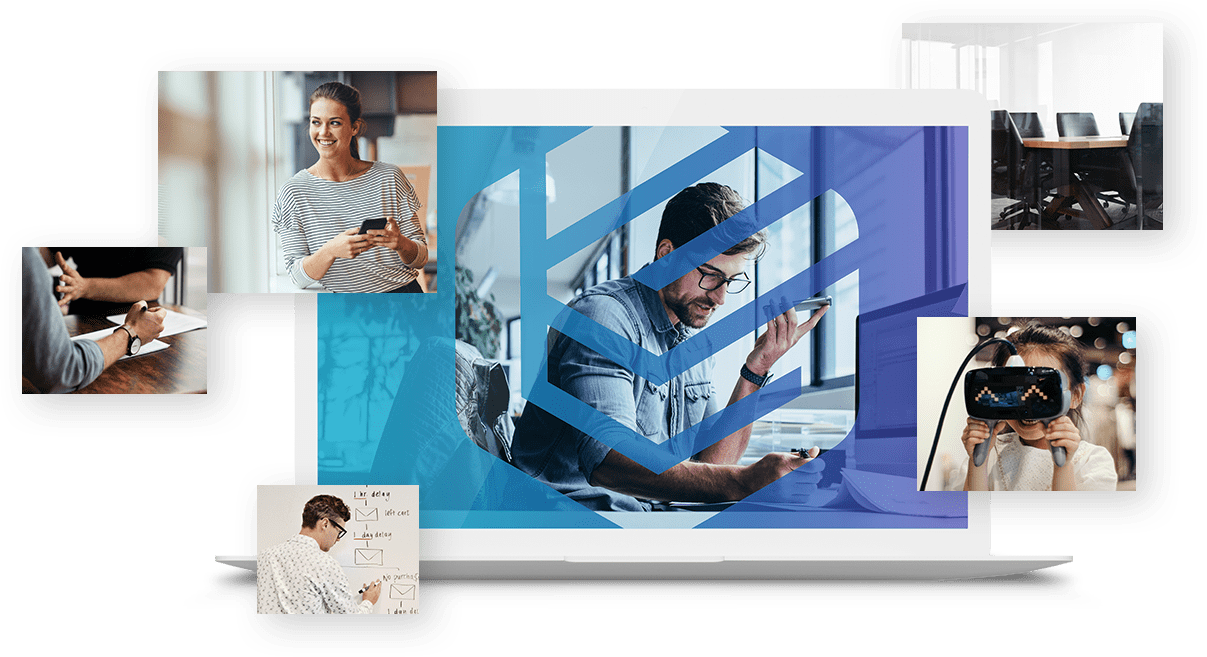 Six pictures: one of a woman smiling and holding the phone, the office, kid wearing VR goggles, hand of a man signing the papers, man writing on the white board and man talking on the phone while his photo is covered with Engitech logo.