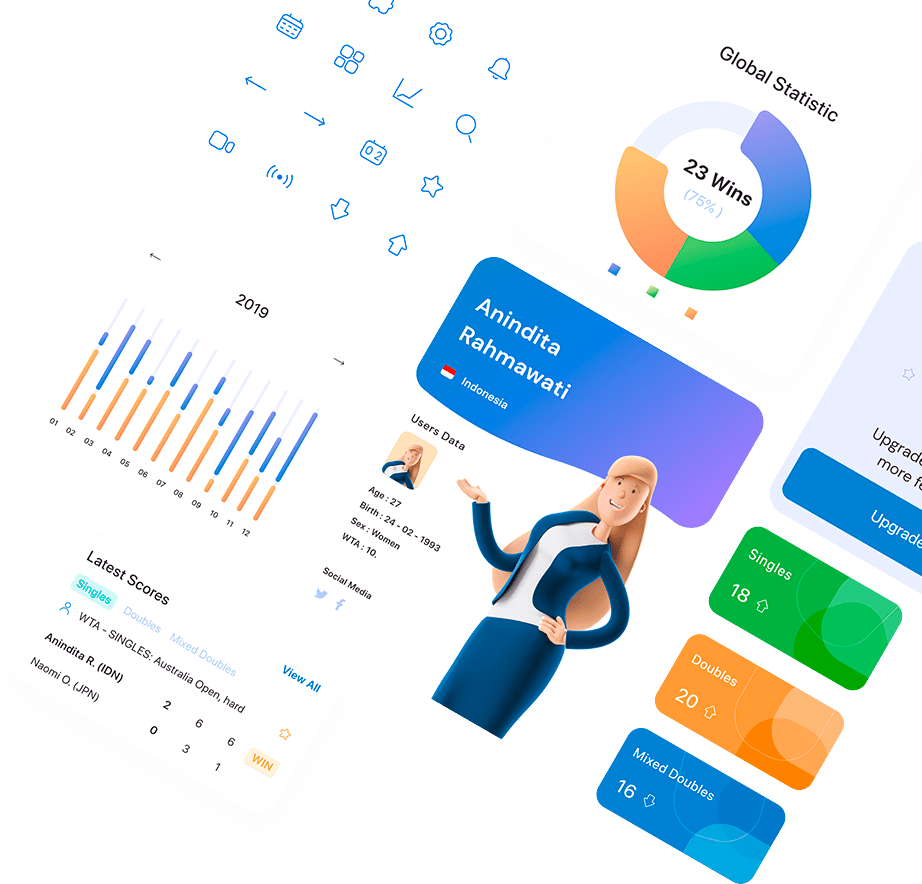 App sections displaying statistics, user data, calendar and scores.