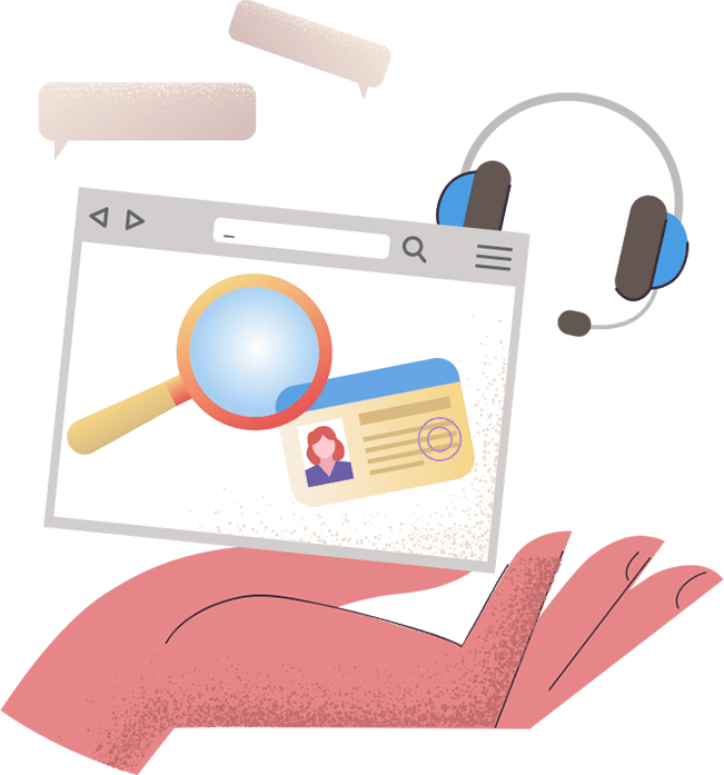 Picture of a website, hand and headphones.