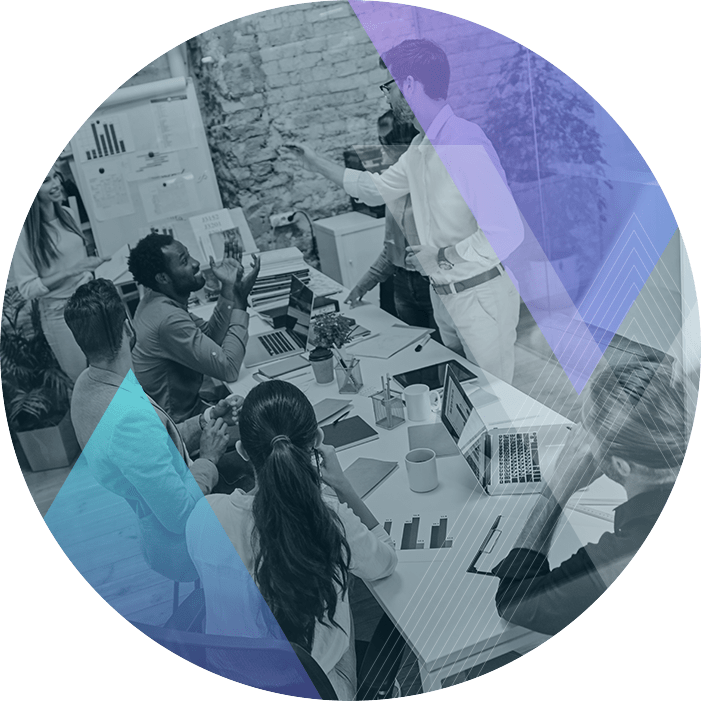 People working in the office, black and white picture in the circle.