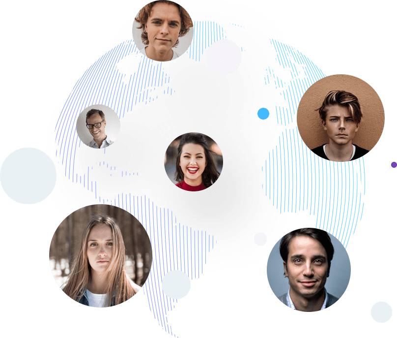 Six circles featuring different people.