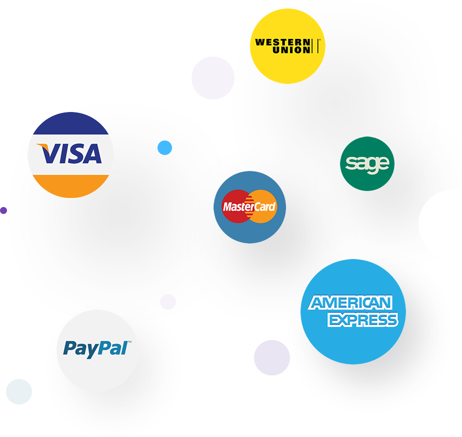 Six circles featuring different logos, including Visa, Western Union, Sage, MasterCard, American Express and PayPal.
