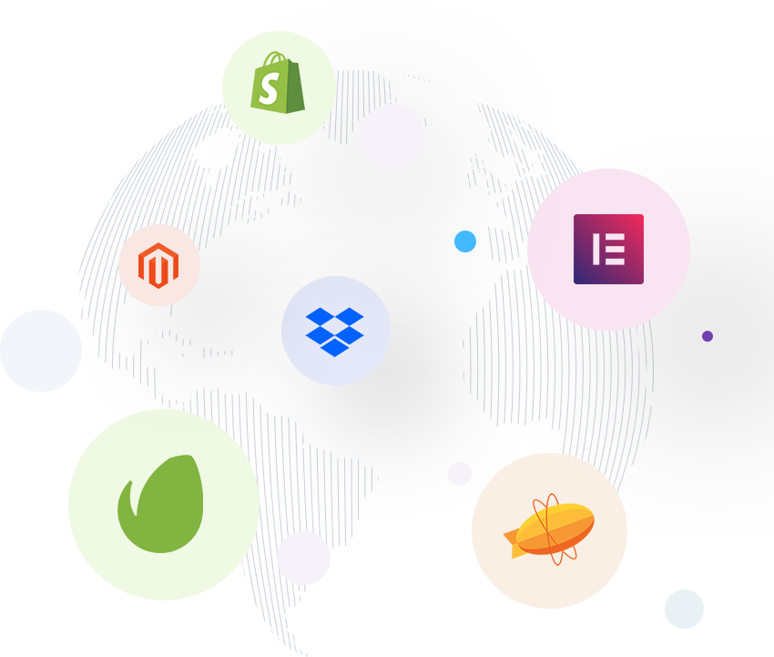 Six circles featuring different logos, including Shopify and Dropbox.