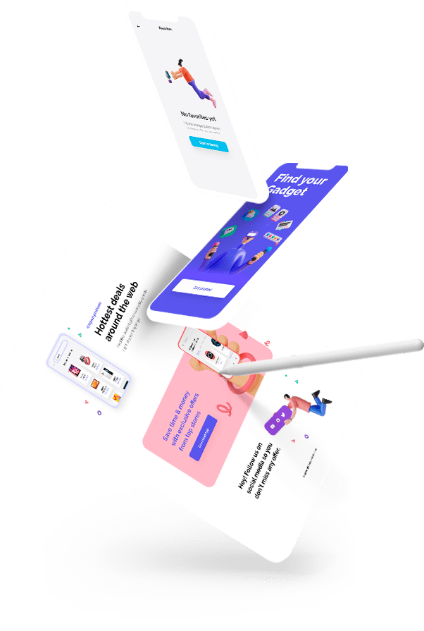 Mobile phones displaying an app, with different app page as the background.