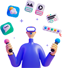 Graphic of a man with various app icons above his head.