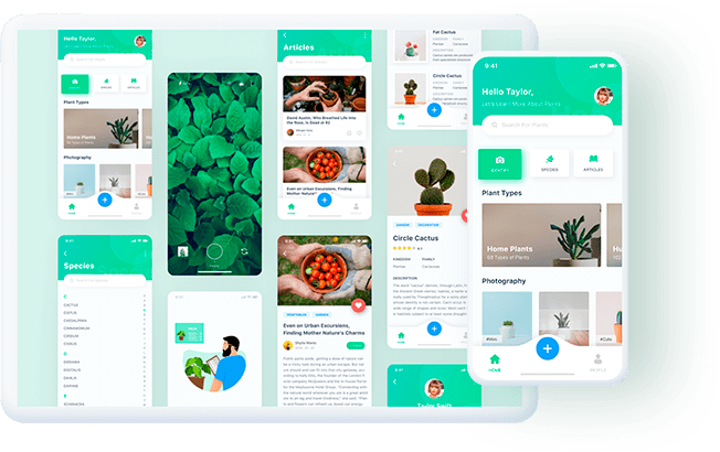 Mobile phone displaying an app, with different app pages as the background."