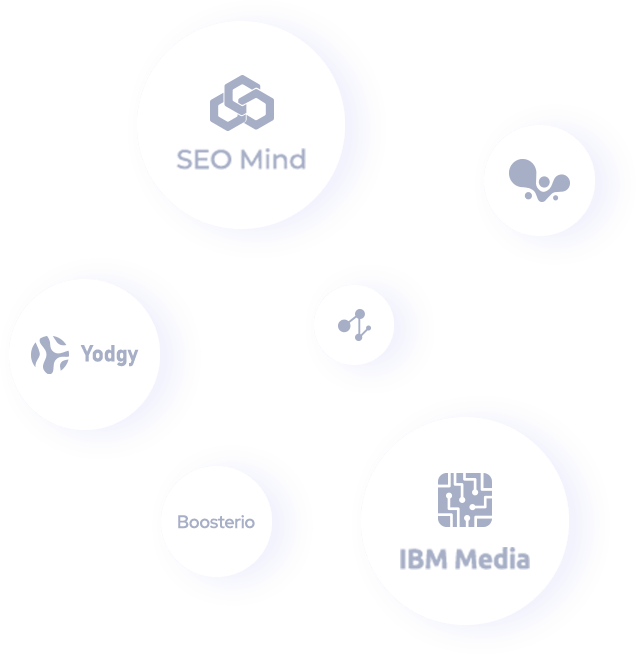 Six white circles with a logos.