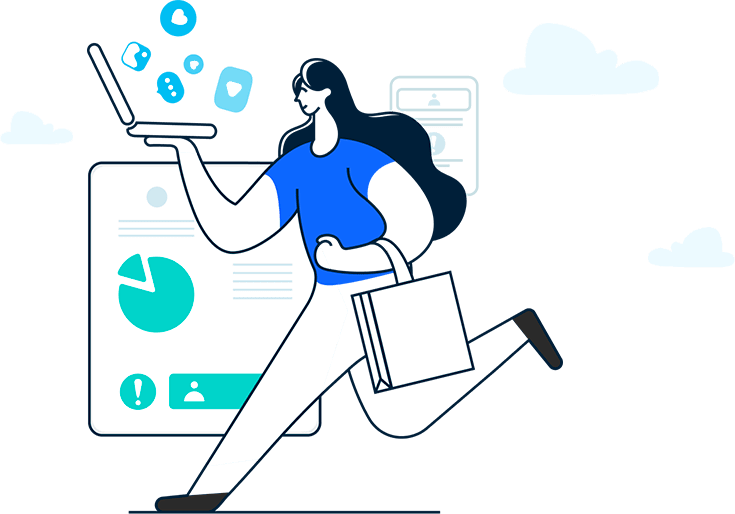 Graphics featuring a woman running with a laptop in one hand and holding a bag in the other, with a screen and clouds as a background.