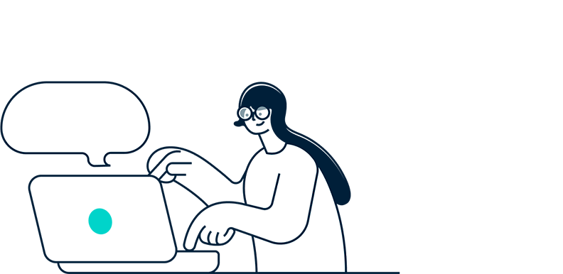 Graphics featuring a woman sitting with a laptop in front of her, typing, and a speech bubble above the laptop.