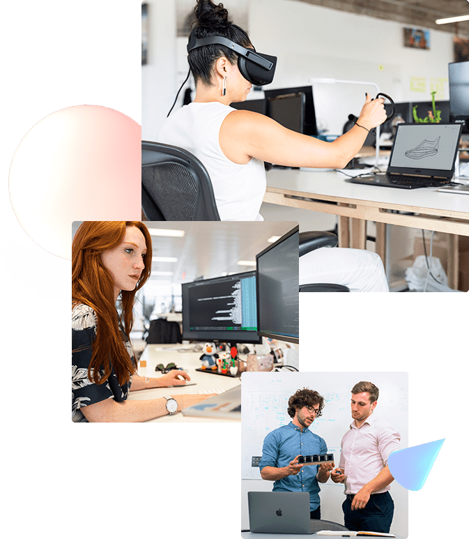 Three pictures: one of a woman sitting in an office wearing VR goggles, another of a woman with red hair looking at two monitors, and a third of two men discussing a product in an office.