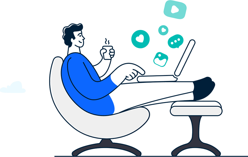 Graphics featuring a man sitting in a chair with a laptop on his lap and holding a mug.