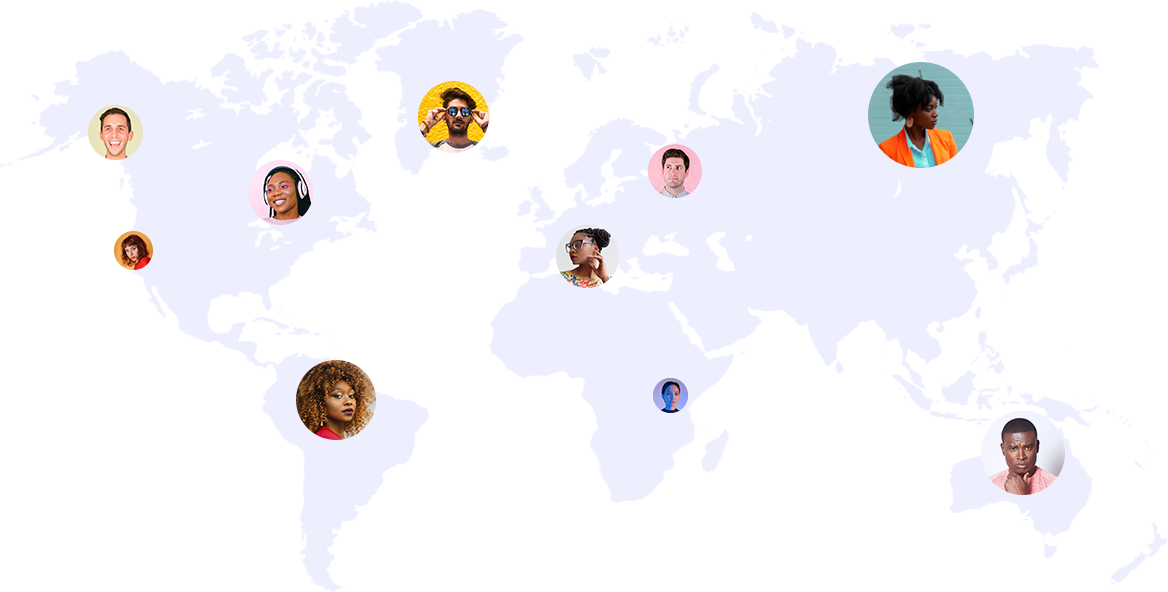 Ten circles with pictures of people hanging above different locations on a world map.