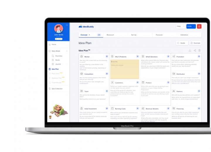 A laptop displaying a section of an app developed for a client, with the main menu listed on the left side of the screen. The 'Idea Plan' section is open, showing different possibilities.