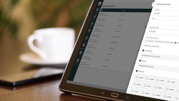 A tablet displaying a section of an app developed for a client, with the main menu listed on the left side of the screen. The 'Appointments' section is open, and a pop-up on the right side shows options to 'Add appointment, time slots, duration...'. The tablet is placed on a desk, next to a coffee mug and a phone.
